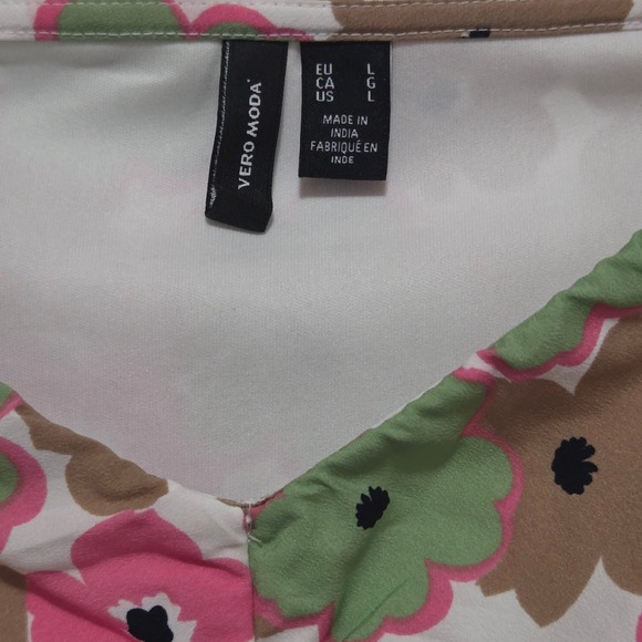 VERO MODA Womens L Gathered Front Floral‎ Print Mini Dress V Neck Long Sleeve - Picture 2 of 9